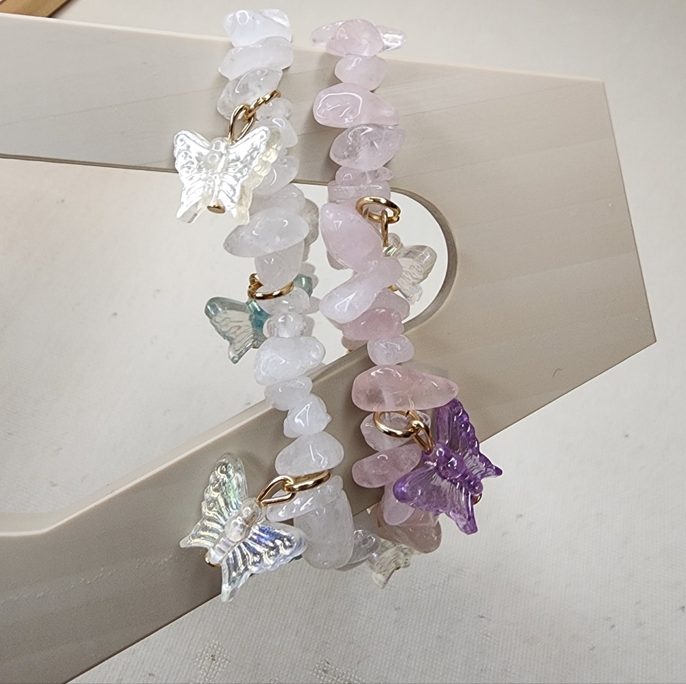 Rose Quartz & Clear Quartz Butterfly Charm Bracelet Set